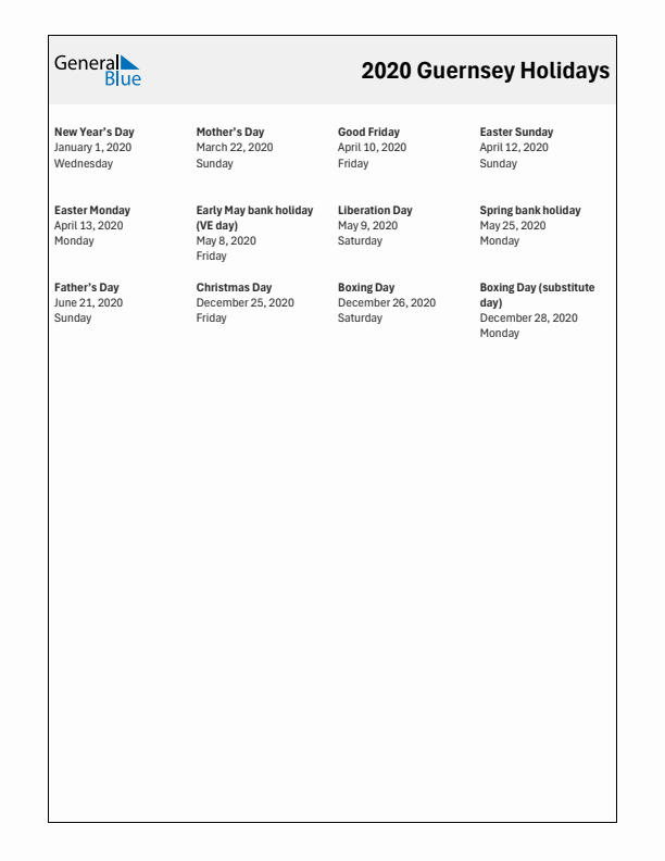 Free printable list of Guernsey holidays for year 2020