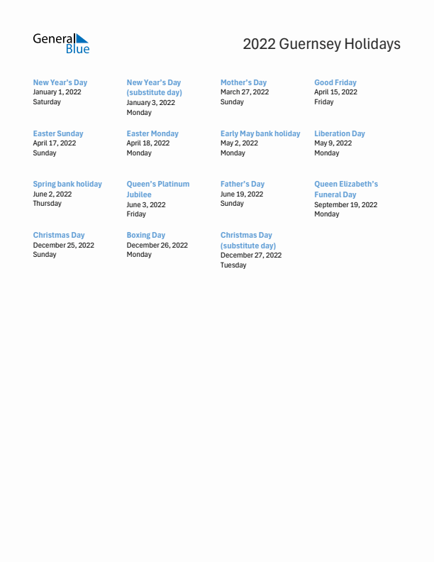 Free printable list of Guernsey holidays for year 2022