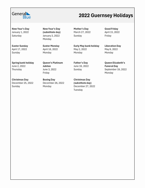 Free printable list of Guernsey holidays for year 2022