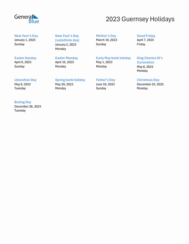 Free printable list of Guernsey holidays for year 2023