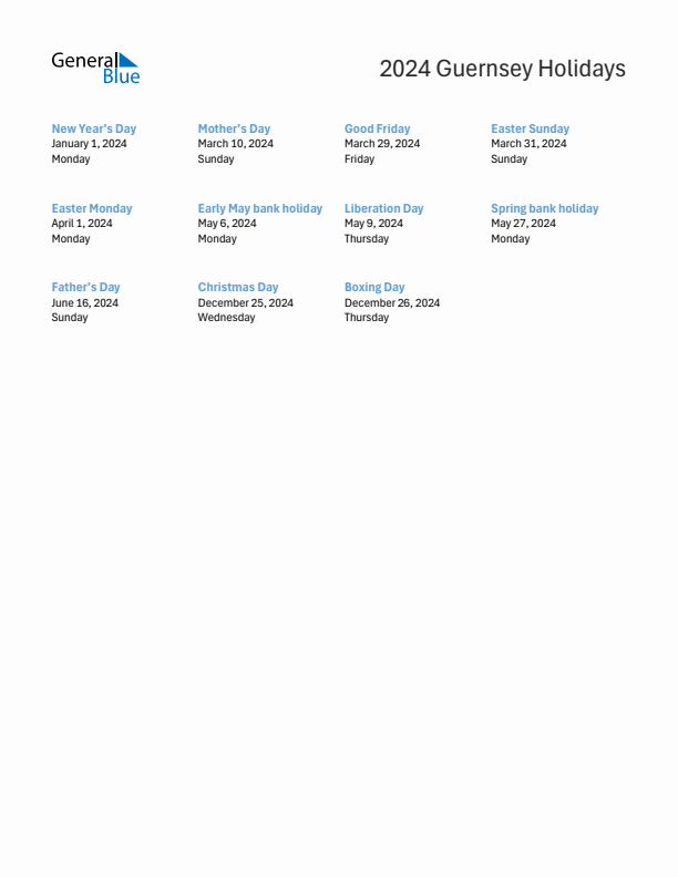 Free printable list of Guernsey holidays for year 2024