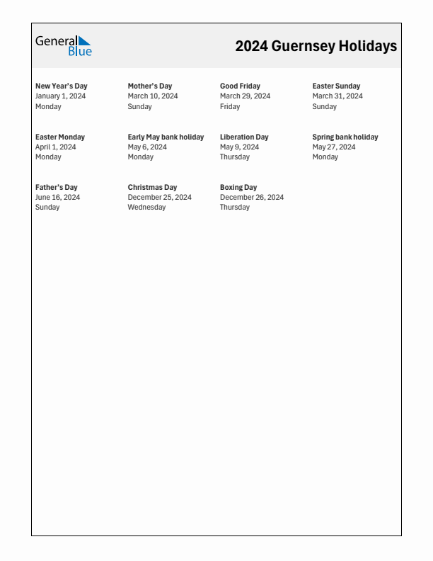 Free printable list of Guernsey holidays for year 2024