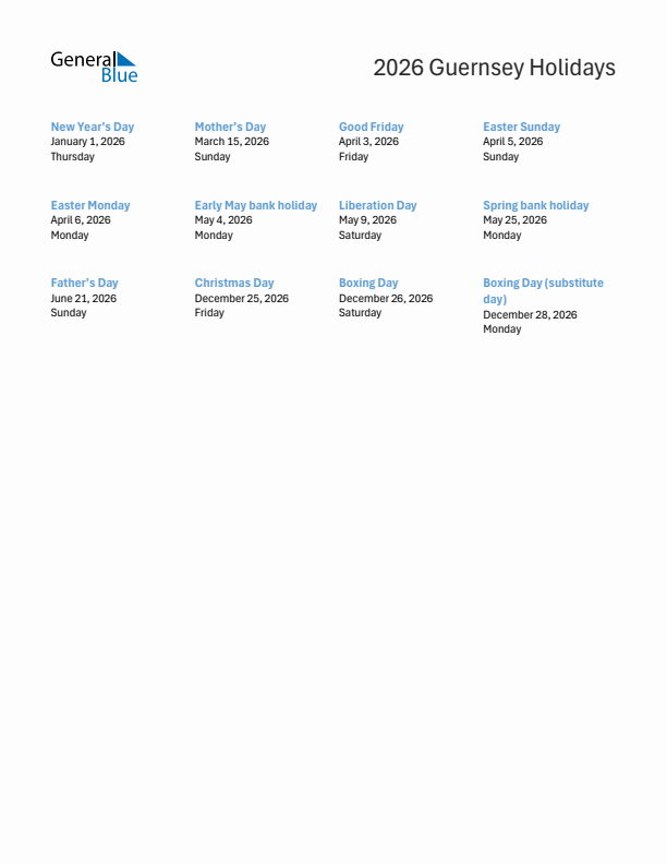 Free printable list of Guernsey holidays for year 2026