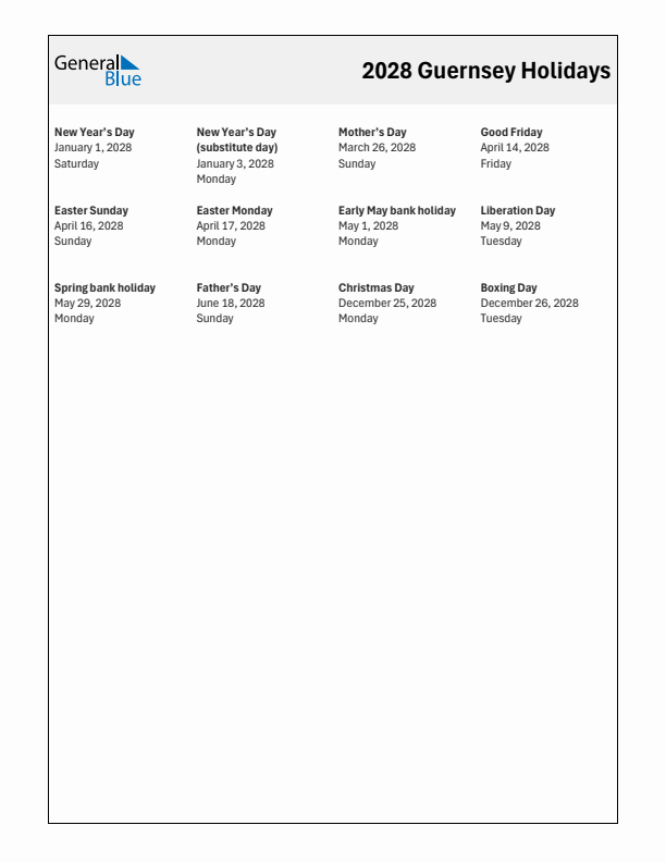Free printable list of Guernsey holidays for year 2028