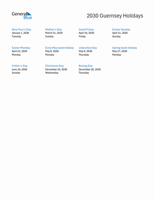 Free printable list of Guernsey holidays for year 2030
