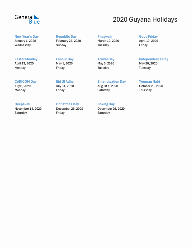 Free printable list of Guyana holidays for year 2020