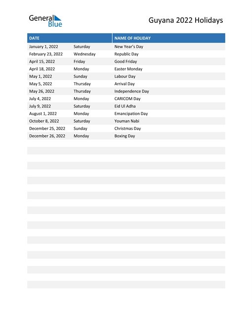 Guyana Holidays 2022 In PDF Word And Excel