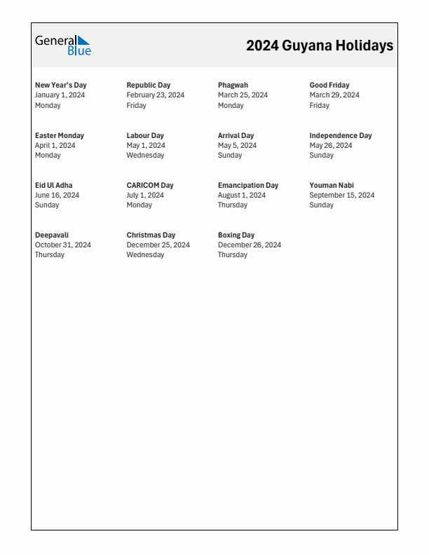 Free printable list of Guyana holidays for year 2024