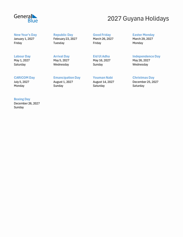 Free printable list of Guyana holidays for year 2027