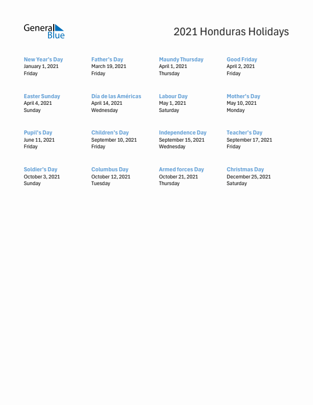 Free printable list of Honduras holidays for year 2021