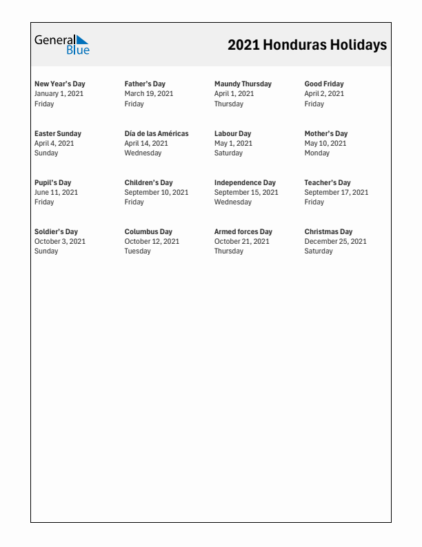 Free printable list of Honduras holidays for year 2021