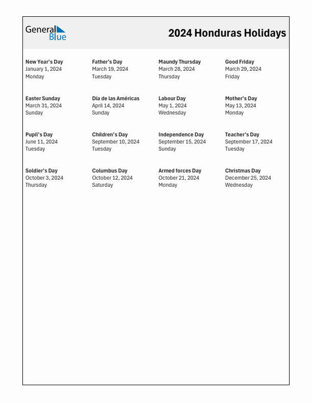 Free printable list of Honduras holidays for year 2024