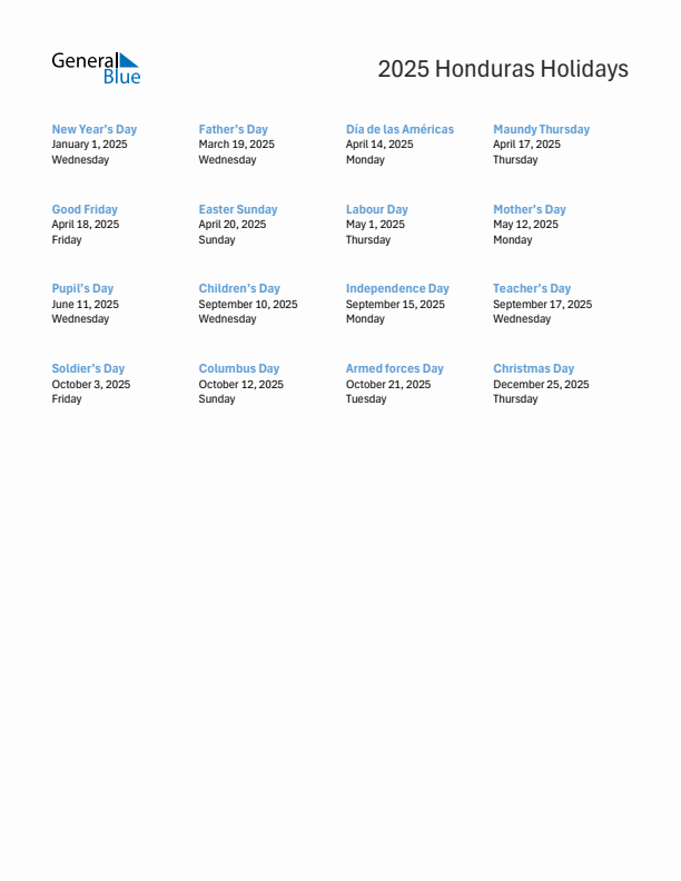 Free printable list of Honduras holidays for year 2025