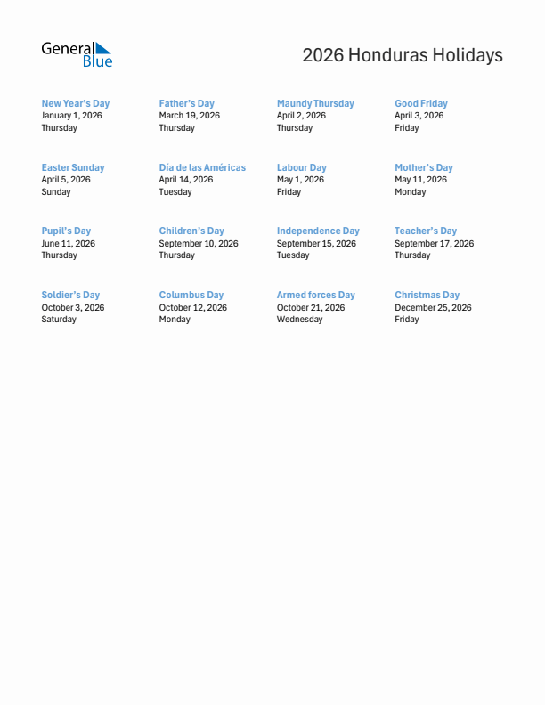 Free printable list of Honduras holidays for year 2026