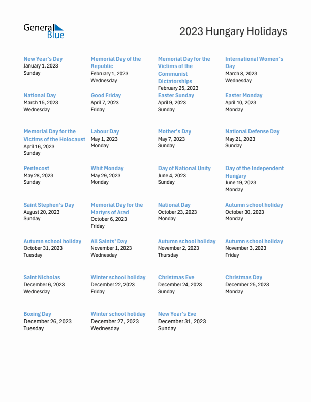 Free printable list of Hungary holidays for year 2023