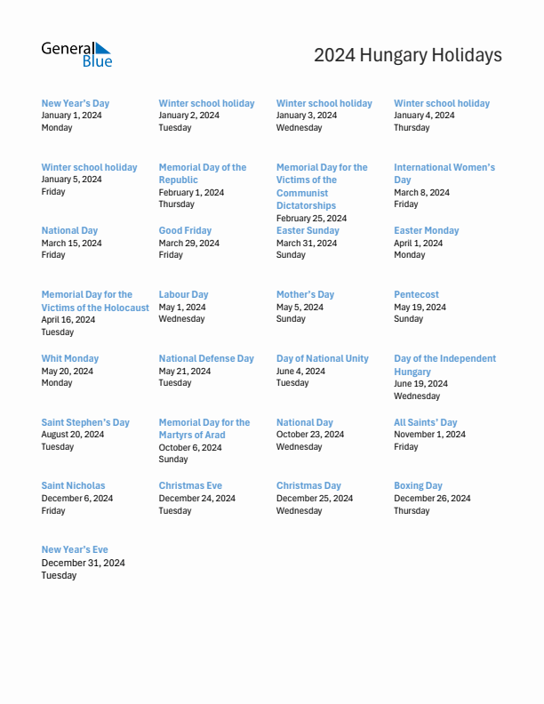 Free printable list of Hungary holidays for year 2024