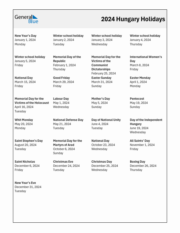 Free printable list of Hungary holidays for year 2024