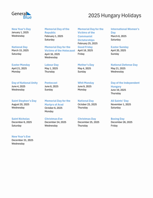 Free printable list of Hungary holidays for year 2025