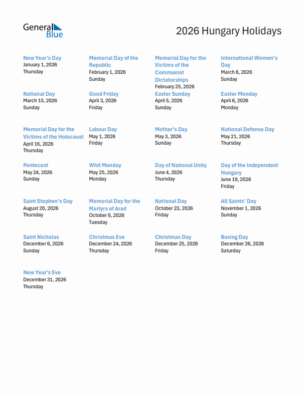 Free printable list of Hungary holidays for year 2026