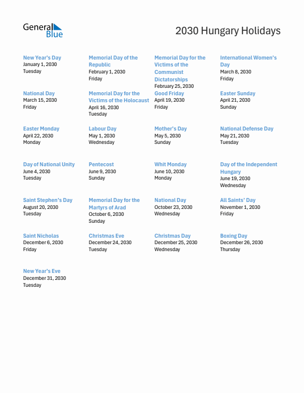 Free printable list of Hungary holidays for year 2030