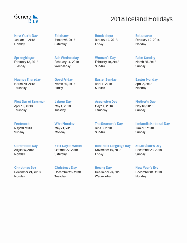 Free printable list of Iceland holidays for year 2018