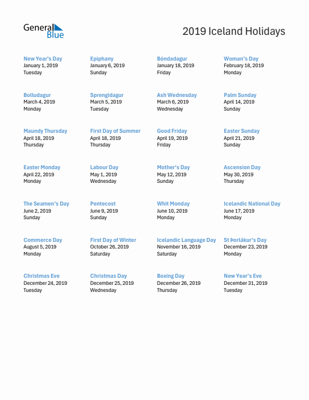 Free printable list of Iceland holidays for year 2019