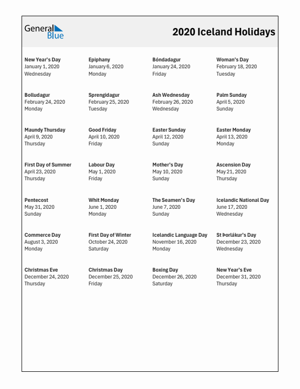 Free printable list of Iceland holidays for year 2020