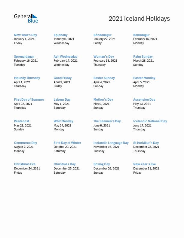 Free printable list of Iceland holidays for year 2021