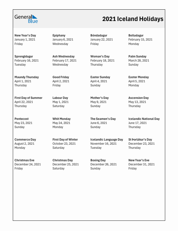 Free printable list of Iceland holidays for year 2021