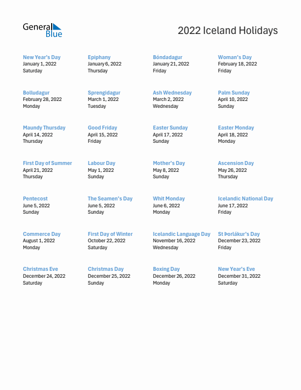 Free printable list of Iceland holidays for year 2022