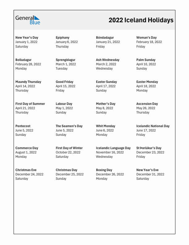 Free printable list of Iceland holidays for year 2022