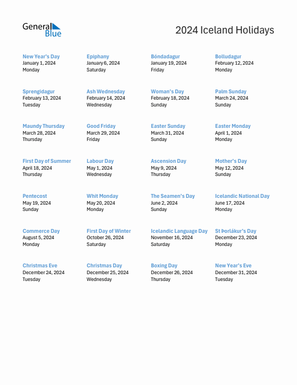 Free printable list of Iceland holidays for year 2024