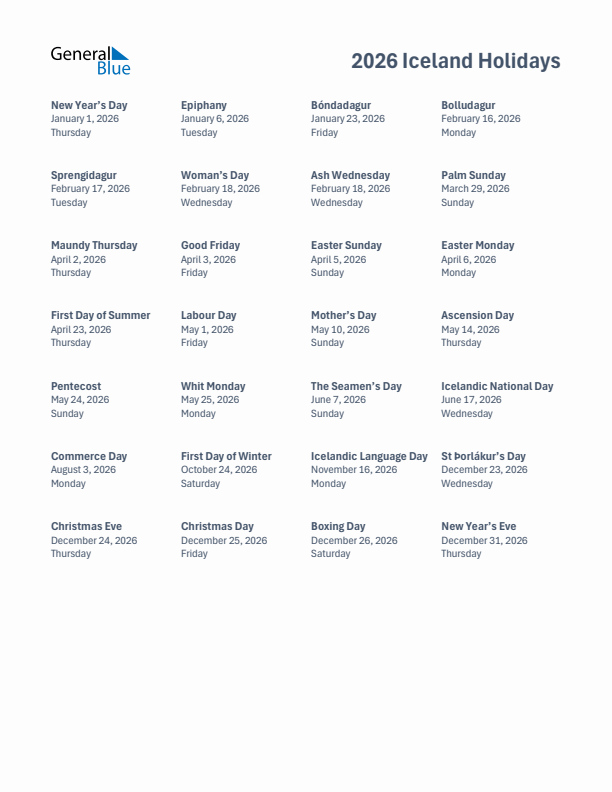 Free printable list of Iceland holidays for year 2026