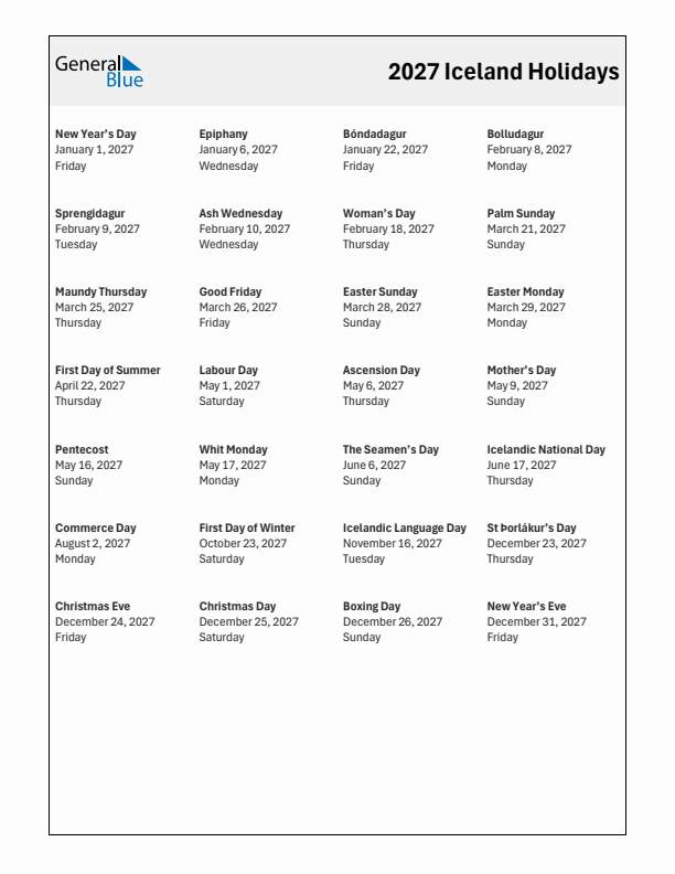 Free printable list of Iceland holidays for year 2027