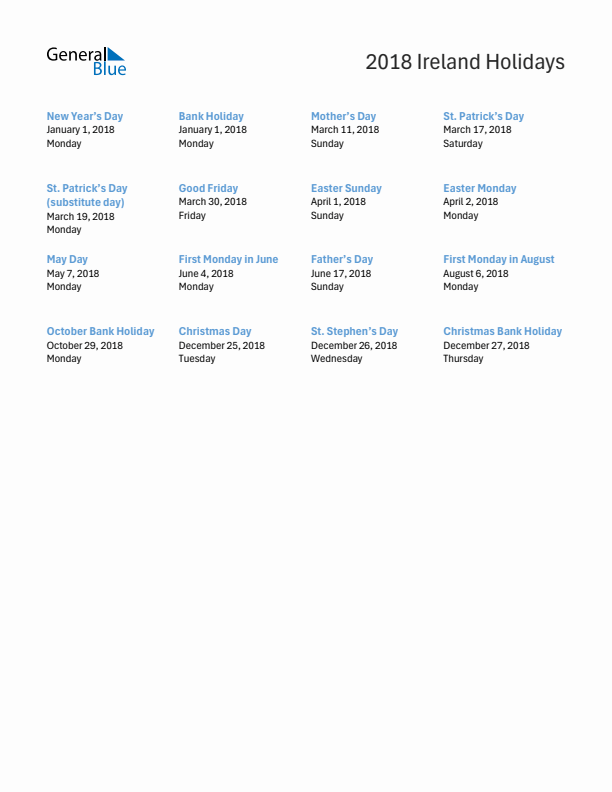 Free printable list of Ireland holidays for year 2018