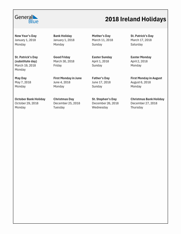 Free printable list of Ireland holidays for year 2018