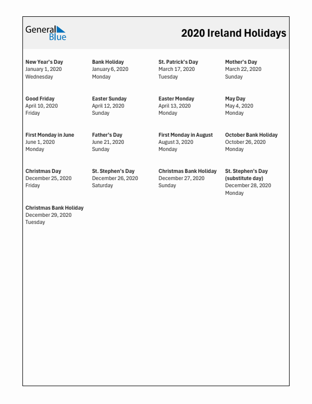 Free printable list of Ireland holidays for year 2020