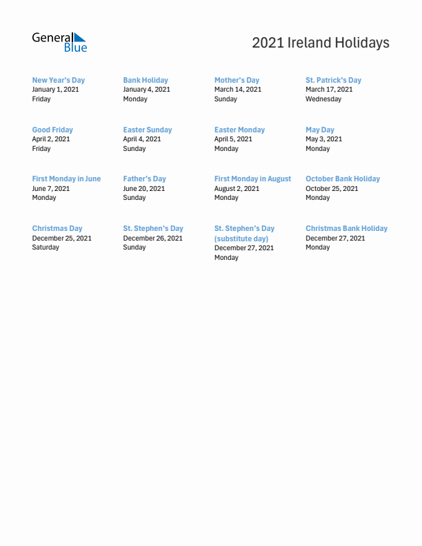 Free printable list of Ireland holidays for year 2021