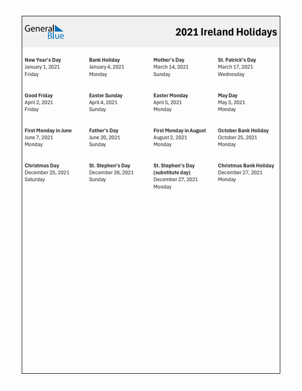 Free printable list of Ireland holidays for year 2021