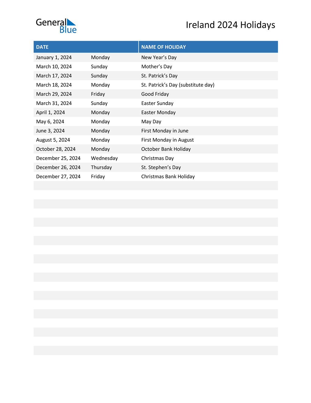 Ireland Holidays 2024 in PDF, Word and Excel