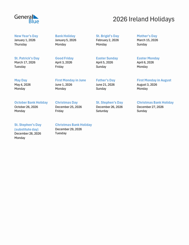 Free printable list of Ireland holidays for year 2026