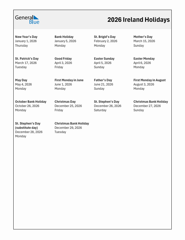 Free printable list of Ireland holidays for year 2026