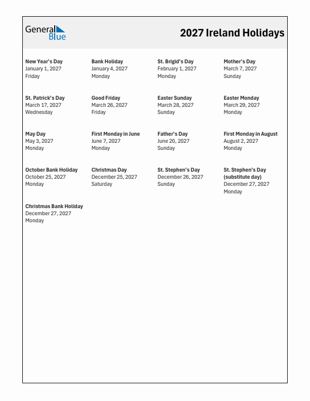 Free printable list of Ireland holidays for year 2027