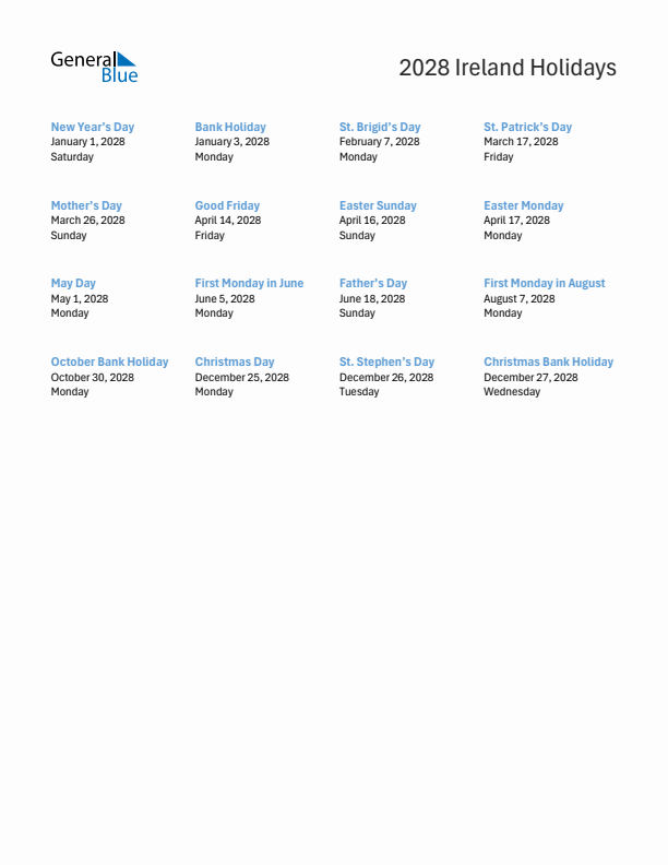 Free printable list of Ireland holidays for year 2028