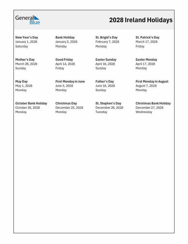 Free printable list of Ireland holidays for year 2028