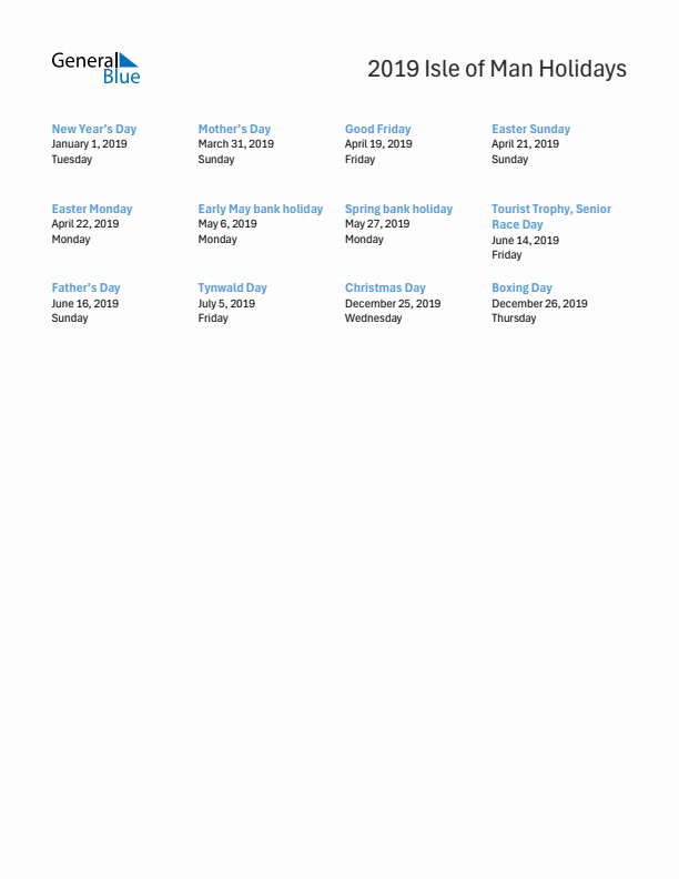 Free printable list of Isle of Man holidays for year 2019