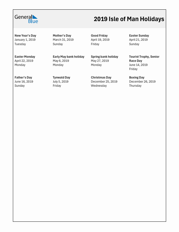Free printable list of Isle of Man holidays for year 2019