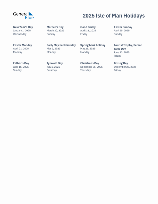 Free printable list of Isle of Man holidays for year 2025