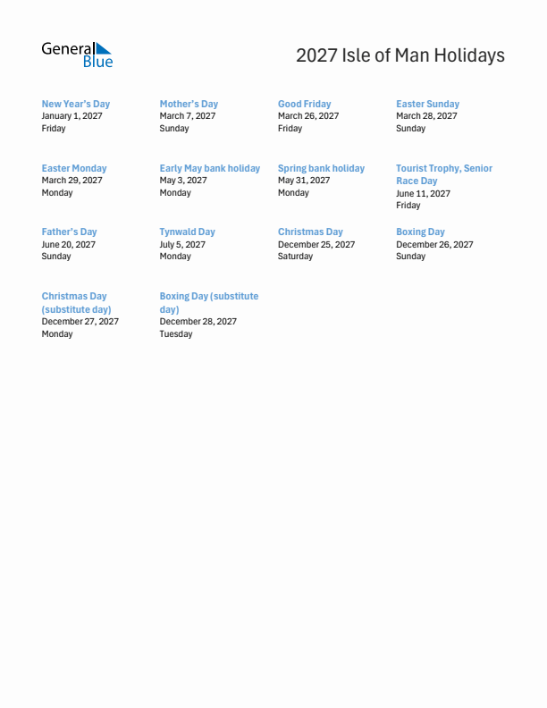 Free printable list of Isle of Man holidays for year 2027