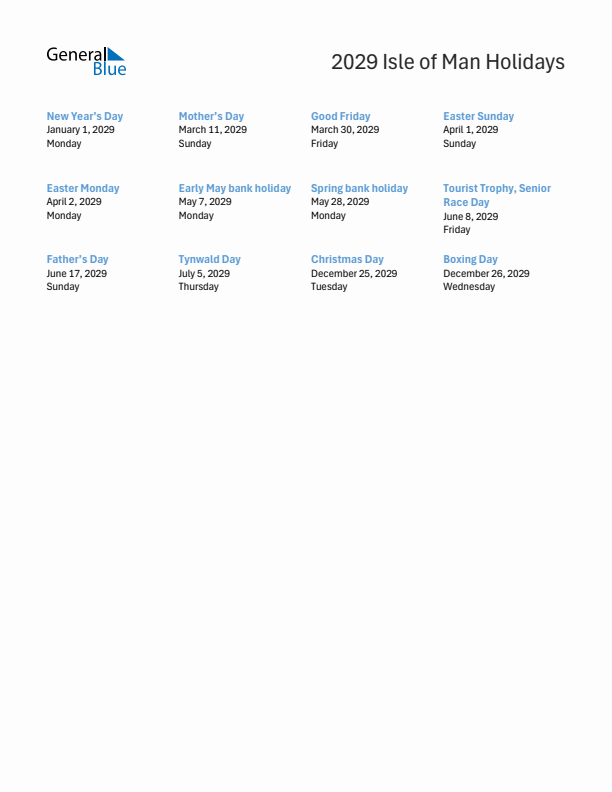 Free printable list of Isle of Man holidays for year 2029